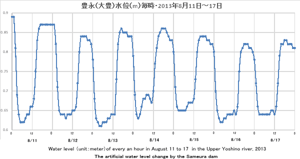 2013N811`17ELiiLjʁimj/EWater level of every an hour in August 11 to 17  in the Upper Yoshino river, 2013